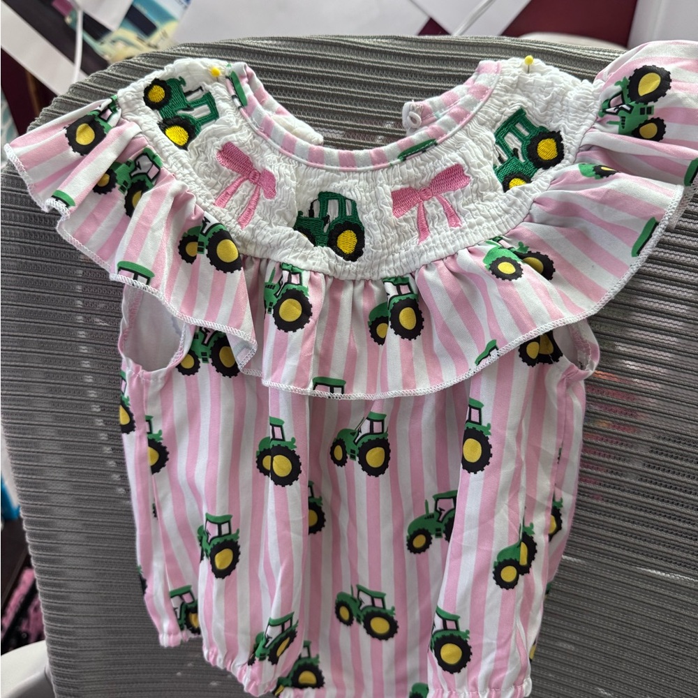 Pink Striped Baby Romper with Tractor Print Embroidery